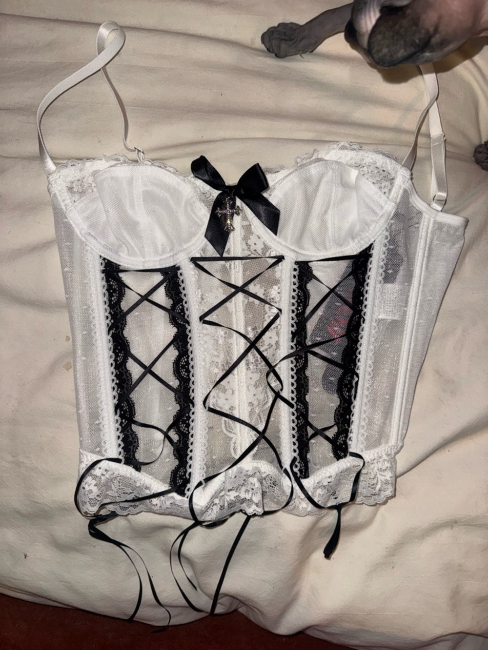White Lace Bustier Corset with Black Ribbon Trim
